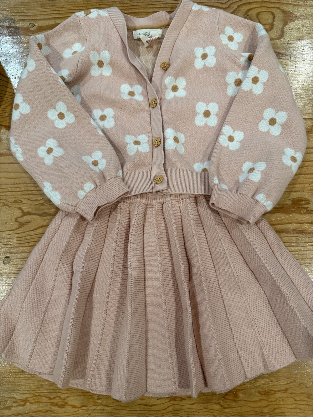 Girls Pink Floral Knit Skirt & Cardigan